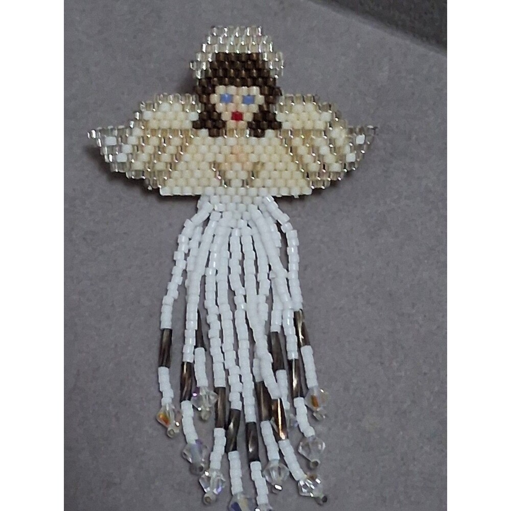 Angel seed bead brooch, dangle drop fringe style